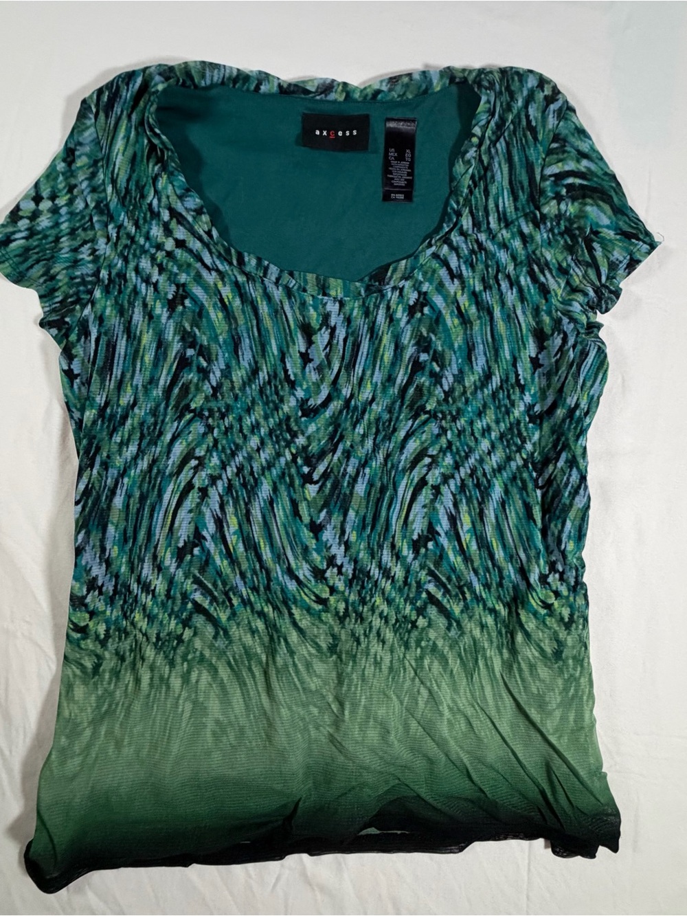 Axcess Green Teal Ombre Patterned Scoop Neck Short Sleeve Top